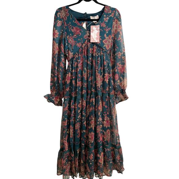 Band of the Free XS Dark Green Floral Boho Cottage Maxi Dress tiered - Picture 1 of 13